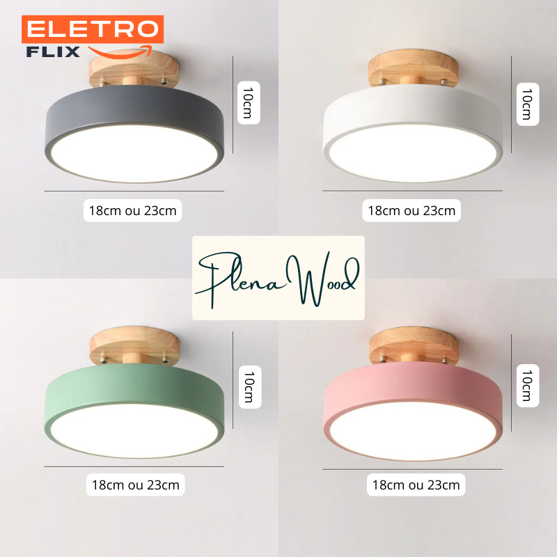 Luminária de Teto Redonda em LED Moderna com Suporte em Madeira